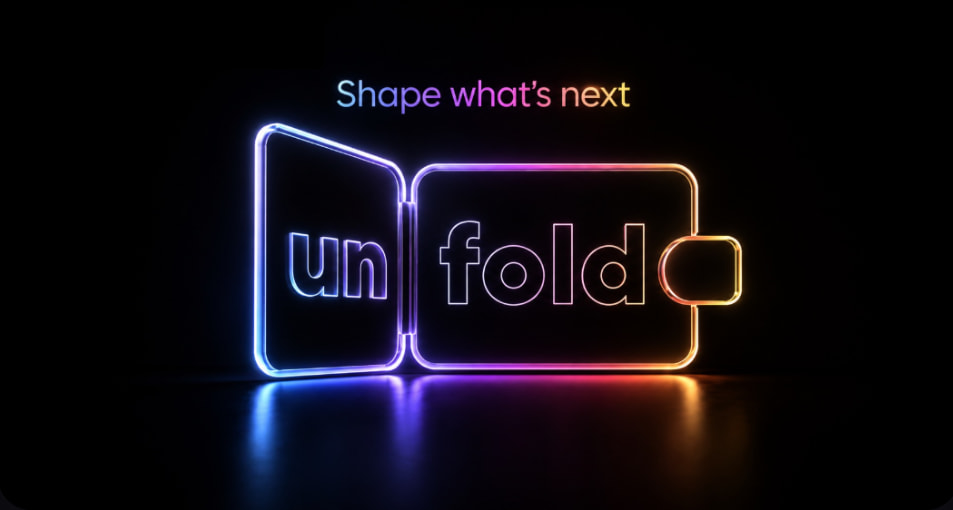 Logo néon d’UNFOLD avec le slogan « Shape what’s next ».